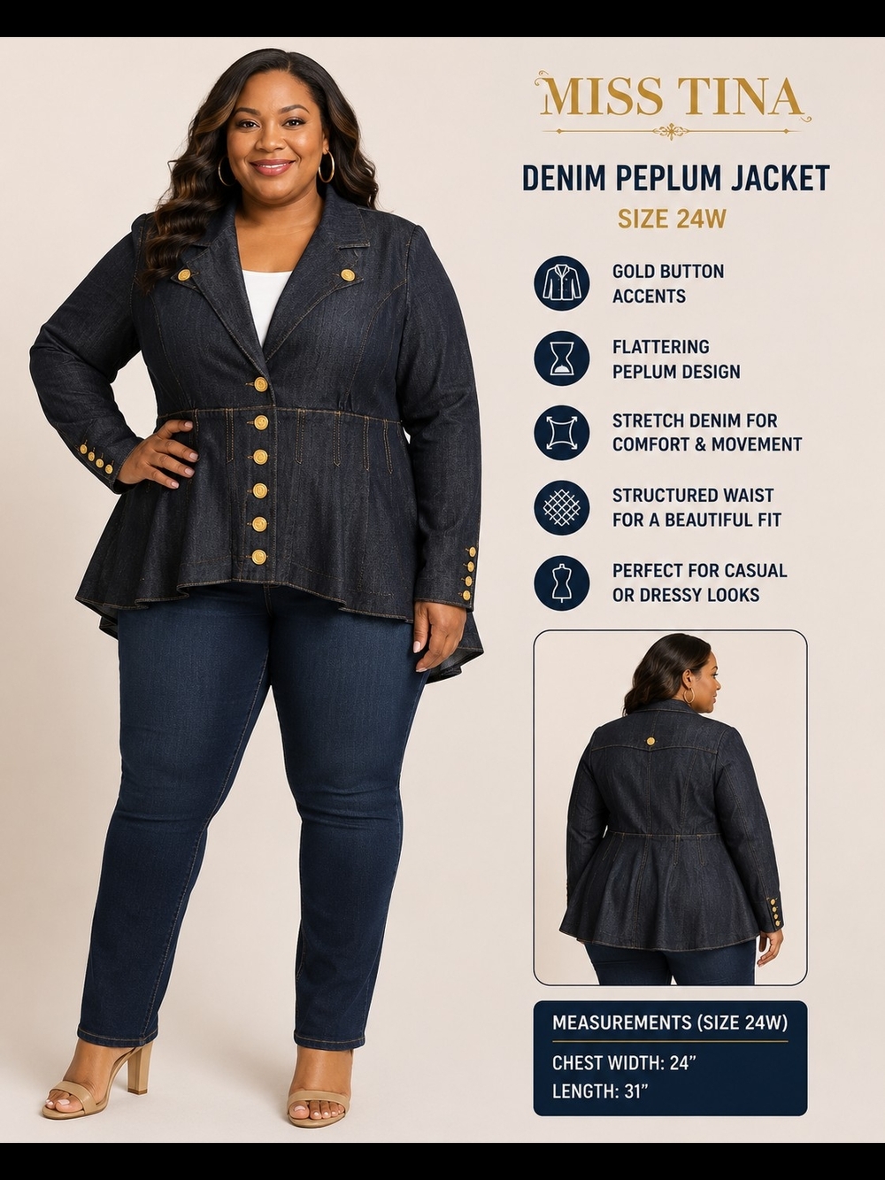 Miss Tina Dark Wash Denim Peplum Jacket Plus Size 24W Gold Button Stretch